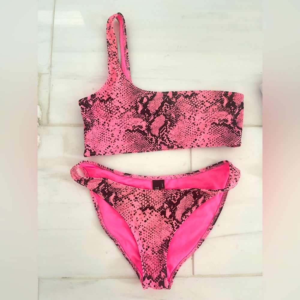 Triangl pink and black snake skin print bikini off one shoulder Size L